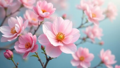 Delicate repeating blossoms, soft pastel hues , repeat pattern, print