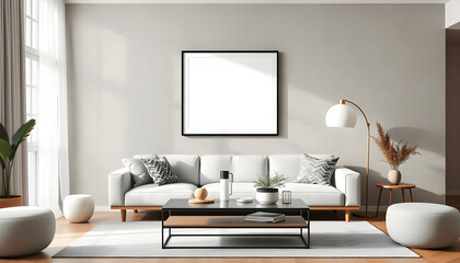 Elegant living room interior design with mockup poster frame, modern sofa and stylish accessories. Eucalyptus wall. Template. Copy space, 8k. White tone