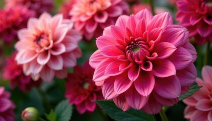 Close-up of dahlia petals, creating a dense, richly colored floral design , botanical, garden, graphics