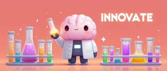 A tiny cartoon brain character dressed as a scientist stands with test tubes and beakers labeled 'INNOVATE', surrounded by colorful liquids in a lab setting.
