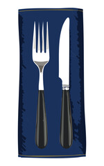 Stylish Restaurant Utensils on Blue Napkin - Vector Illustration