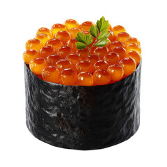 A beautifully crafted piece of sushi topped with glistening salmon roe. The vibrant orange of the roe pops against the dark seaweed wrap, garnished with a sprig of fresh parsley.