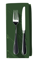 Vector Illustration of Dark Green Napkin with Silverware