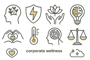 Set of hand-drawn corporate wellness icons representing mental health, stress management, energy balance, mindfulness, emotional support, and workplace well-being concepts