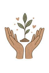 Watercolor illustration of two hands holding a growing plant surrounded by hearts, symbolizing care, mental health growth, emotional support, and personal development