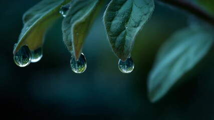 Close up view of three water droplets clinging to teal green leaves, set against a dark, blurred background. The lighting is moody and low key, emphasizing the texture and reflectivity of the water.