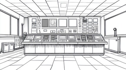 Control room, monitoring, industrial facility, technology, energy, background, power plant, schematic drawing, technical illustration, industrial design