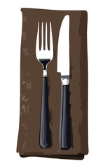 Cutlery Set on Brown Fabric - Vector Illustration