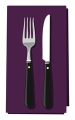 Cutlery on Dark Purple Napkin Restaurant Set- Vector Illustration