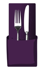 Utensils Inside Deep Purple Napkin - Vector Illustration