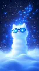 Fototapeta premium A fluffy white cat, snowman-like, wears glowing blue sunglasses amidst a snowy, starlit night