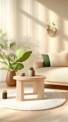 Sunlit minimalist living room with beige sofa, wooden coffee table, plants, and round rug