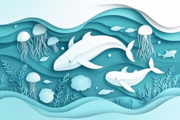 Obraz premium Explore an ocean-themed paper-cut design featuring fish, jellyfish, and whales within gentle waves and a golden ratio curve