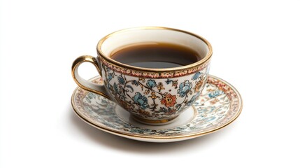 Ornate tea cup and saucer with dark liquid, isolated on white background