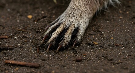 Obraz premium Raccoon Paw Macro on Wet Ground with Fur Texture and Natural Track Impression