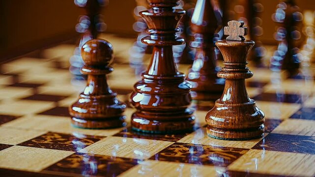 Slow rotation of beautiful lacquered chess pieces on a chessboard