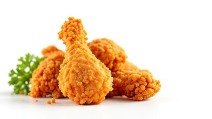 A close up of fried chicken drumsticks with parsley on white surface