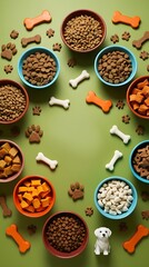 Variety of nutritious dry dog food in bowls arranged in a circular pattern with bone-shaped treats and a ceramic dog figure on green and orange background for pet care concept

