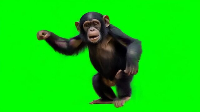 A playful chimpanzee dancing against a vibrant green background.