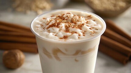 Creamy horchata beverage in a plastic cup with cinnamon spice topping