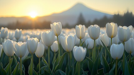 Sunrise over a field of white tulips
