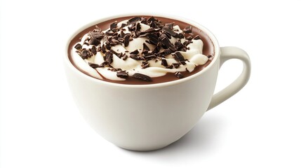 Creamy hot chocolate topped with whipped cream and chocolate shavings in a white mug