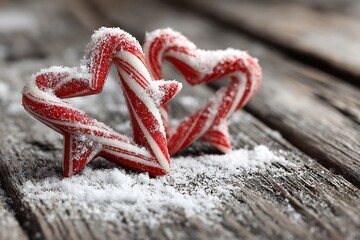 Christmas candy canes star shape on snow covered wood rustic sweet holiday symbol