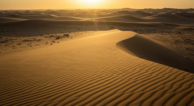 A tranquil desert landscape at sunset with a large sand dune dominating the foreground.