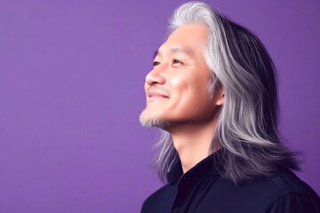 Fototapeta premium Purple solid background. Creative visual design of style for aging men. Elegant men's layered cut haircut - midlife asian man with long hair. A midlife man with charm and elegance.