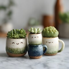 Smiling Succulents: Delightful, handcrafted ceramic pots, each uniquely shaped, cradle a variety of charming succulent plants, capturing a moment of botanical whimsy and natural harmony.