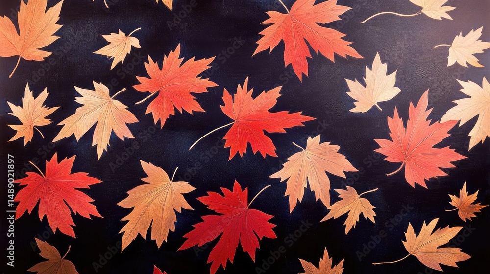 Poster autumnal maple leaves pattern on a dark background.