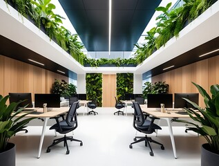 Modern open-concept office space filled with greenery and natural light, featuring biophilic design with lush plants, minimalist desks, and sustainable architecture

