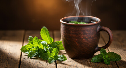 A steaming mug of mint tea rests on a weathered wooden surface, accompanied by fresh sprigs of mint, creating a soothing and aromatic atmosphere for relaxation.