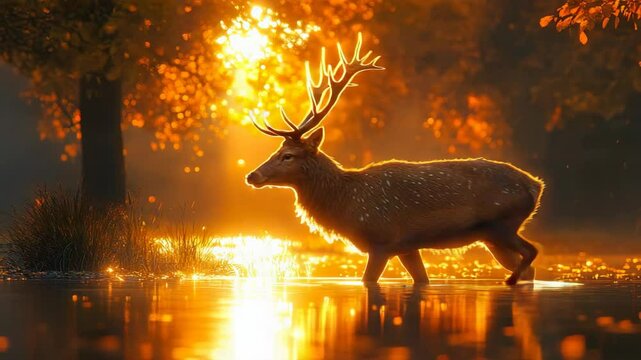 A deer standing in the water at sunset