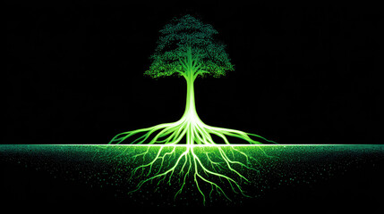Glowing green tree with extensive roots black background, symbolizing growth and connection, evokes sense of vitality and stability, emphasizing importance of strong foundations and natural energy