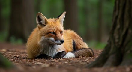 Fototapeta premium A red fox rests peacefully on a forest floor. The animal is shown close-up, highlighting its orange fur and bushy tail against the backdrop of lush green trees.