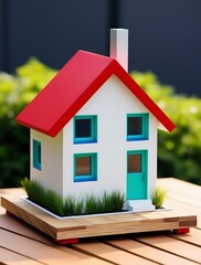 Colorful miniature house model with vibrant red roof and green walls placed on a wooden surface outdoors, symbolizing real estate, home ownership, and architectural planning

