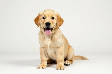 Golden retriever puppy, alert ears, white backdrop, canine, playful, puppy portrait