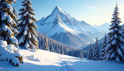 Fototapeta premium Snow-dusted pine forest, mountain peak, deep shadows, evergreen, winter