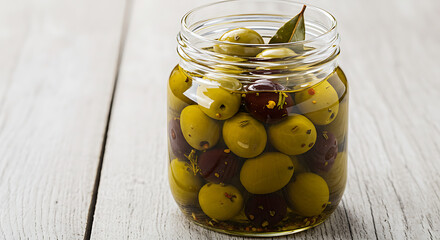 A jar filled with a colorful mix of green and black olives, preserved in oil with herbs, creates a delectable appetizer on a rustic white wood surface.