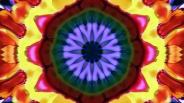 Colorful abstract design with large flower in the center. Kaleidoscope VJ loop