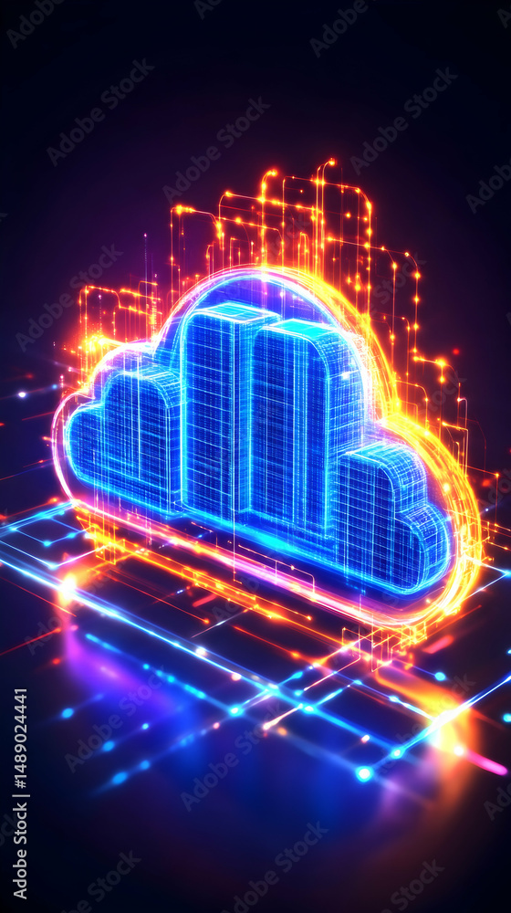 Poster glowing cloud data center icon over neon circuit board, symbolizing digital infrastructure and netwo