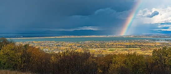 Panoramic vista of cityscape under a rainbow after the storm over vast landscape
