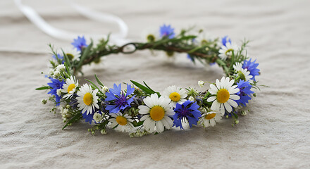 A handmade flower crown featuring white daisies and blue cornflowers. It is perfect for a summer celebration or outdoor festival, adding a touch of nature to your style.
