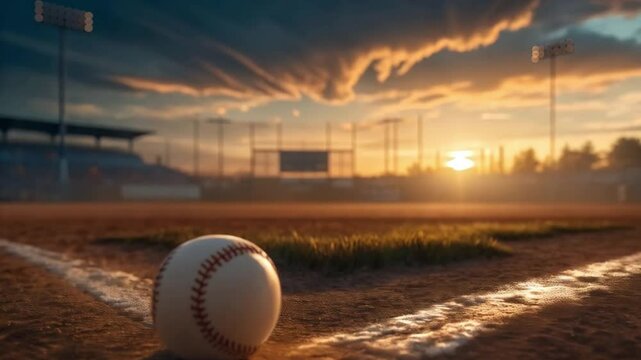 Softball field at sunset with baseball on ground, warm sky and lights