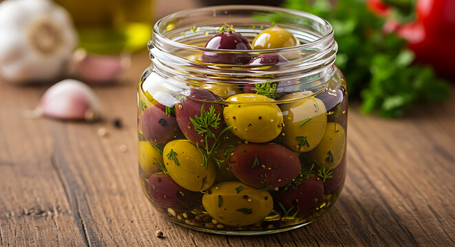 Jar of mixed olives in brine with herbs and spices, placed on a rustic wooden table, surrounded by garlic and parsley, creating an appetizer or snack scene. - Powered by Adobe