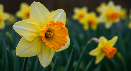 Fototapeta premium Close-up of a bright yellow flower with an orange center, surrounded by other similar flowers and green foliage, showcasing spring's vibrant colors.