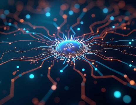 Glowing Circuit Board with Central Processor and Flowing Data Streams