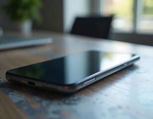 Smartphone Laying on Wooden Table in Office Environment