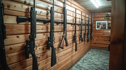 Gun room with rifles hanging on wall rack